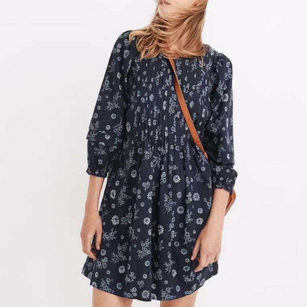 Madewell Dress Blue Floral Puff Sleeve Pintuck Pleat Mini